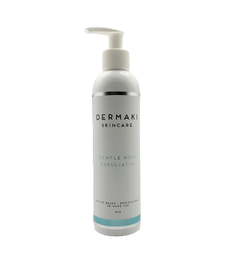 Gentle Rose Exfoliator 8oz bottle, ideal for radiant skin, part of Dermakis premium skincare line.