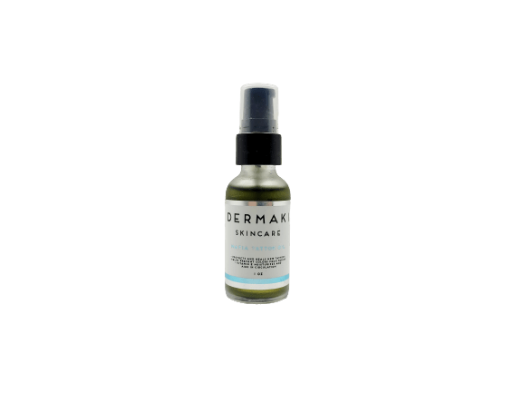 Mafia Tattoo Oil 1oz bottle for skin hydration and tattoo care, enhancing ink vibrancy and healing.