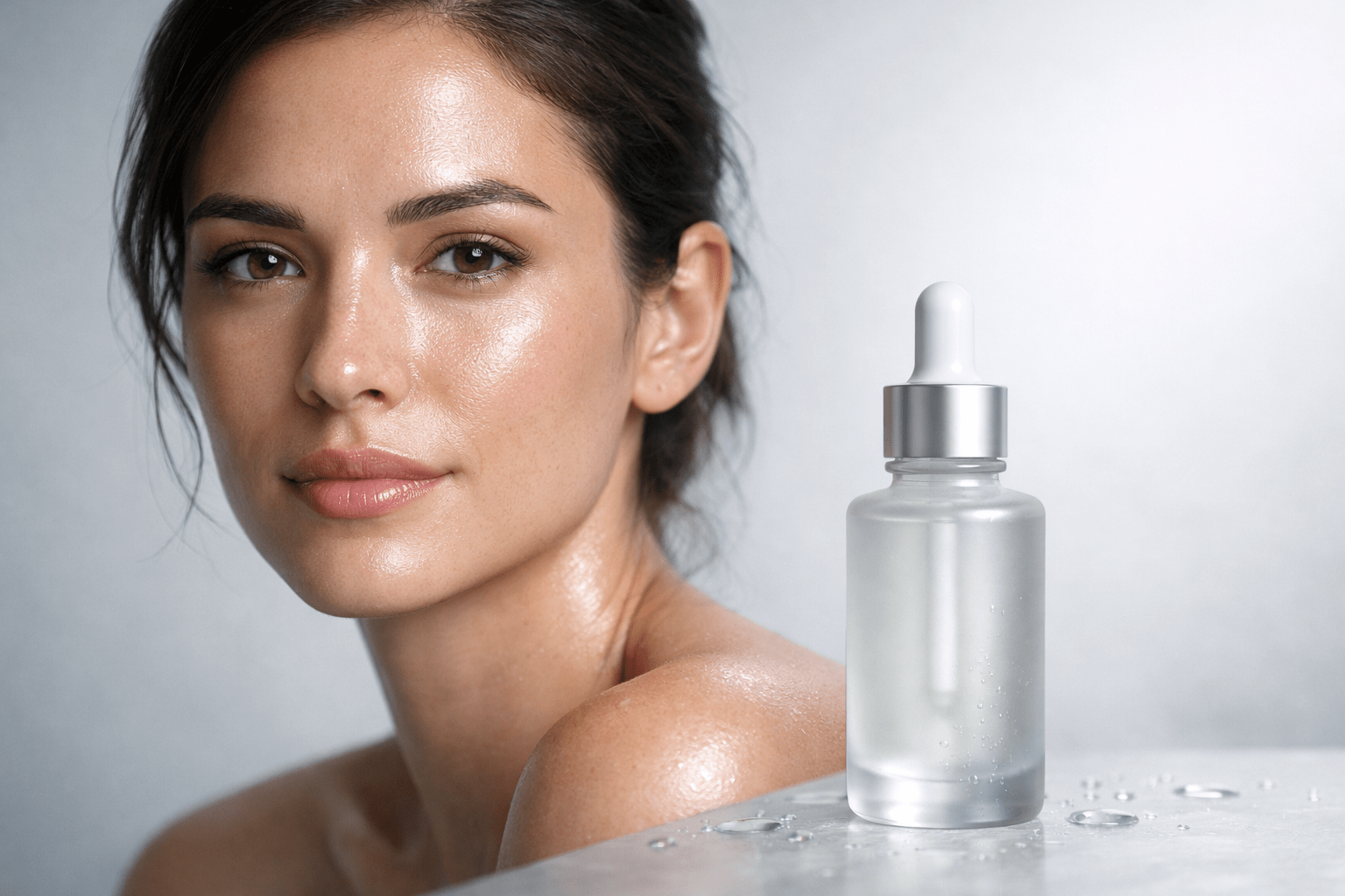 Dermaki skincare model with serum bottle