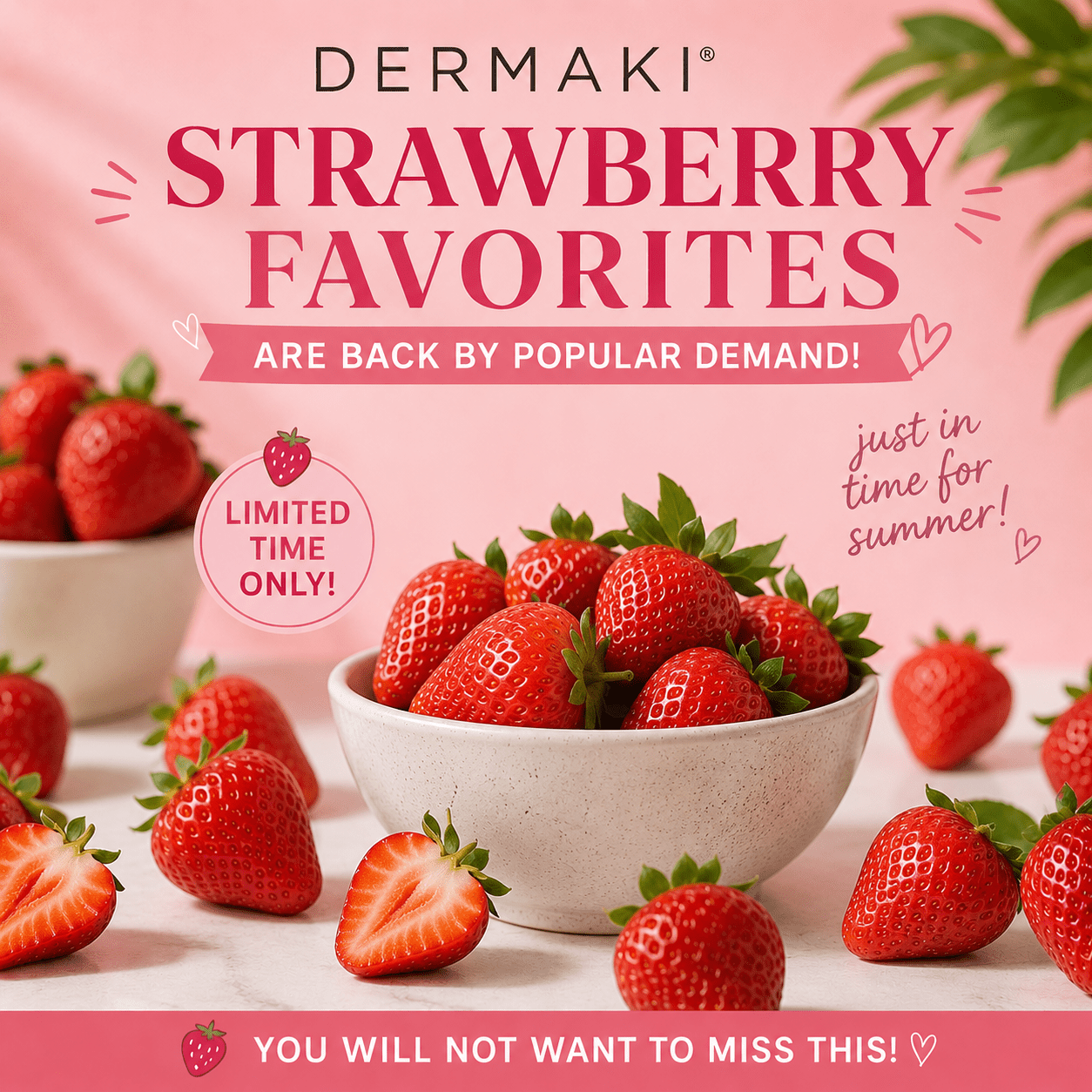 Fresh strawberries arranged artfully, highlighting natural ingredients in Dermakis skincare products.