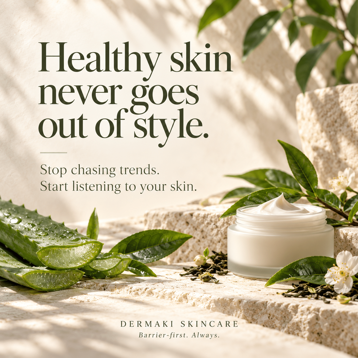 Dermaki skincare portrait against a soft neutral background